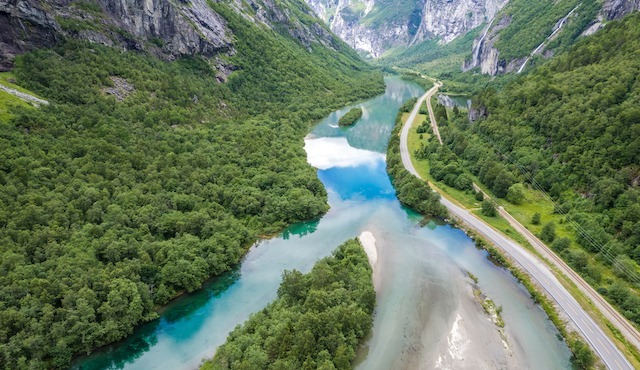 Scenic Rauma River That Runs Through Romsdalen, a Valley in Møre og Romsdal and Innlandet Counties in Norway. Aerial View.