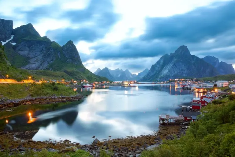 Norwegian fjord with mountains and village